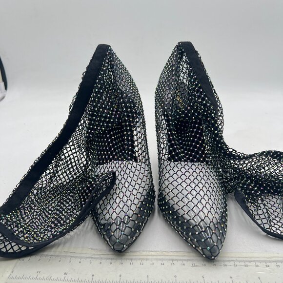 FSJ Black Diamante Fish Net Sexy High Heel Long Boots - Picture 4 of 9